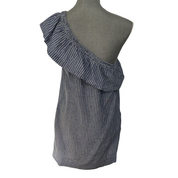 Aqua Linen Blend One Shoulder Striped Dress Size Small Ruffle Coastal Preppy - Picture 3 of 6